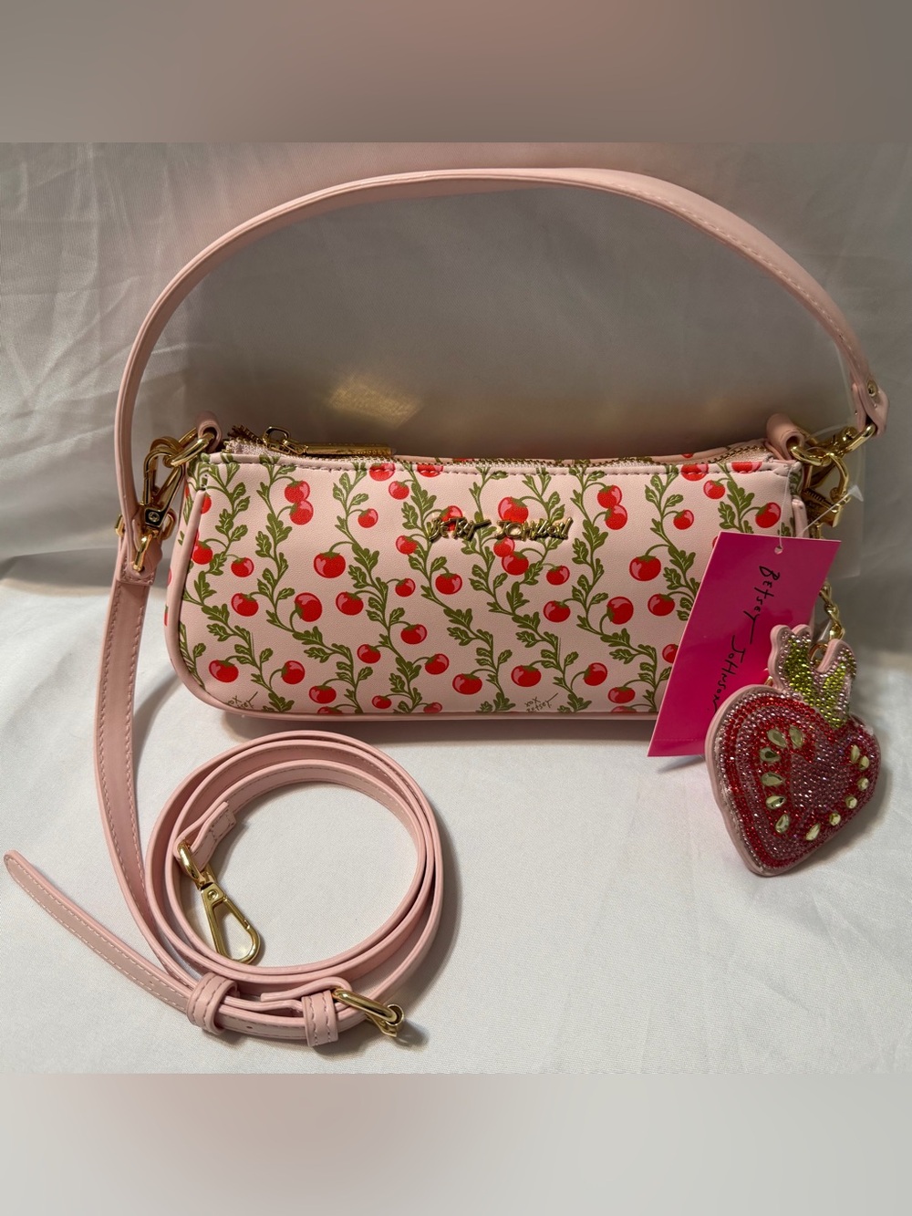 Betsey Johnson Pink Cherry Print Mini Shoulder Bag with bag Charm